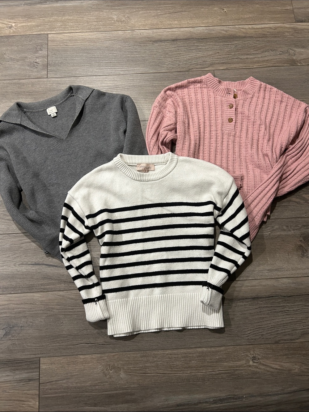 Sweater bundle - black/white stripped, grey and pink